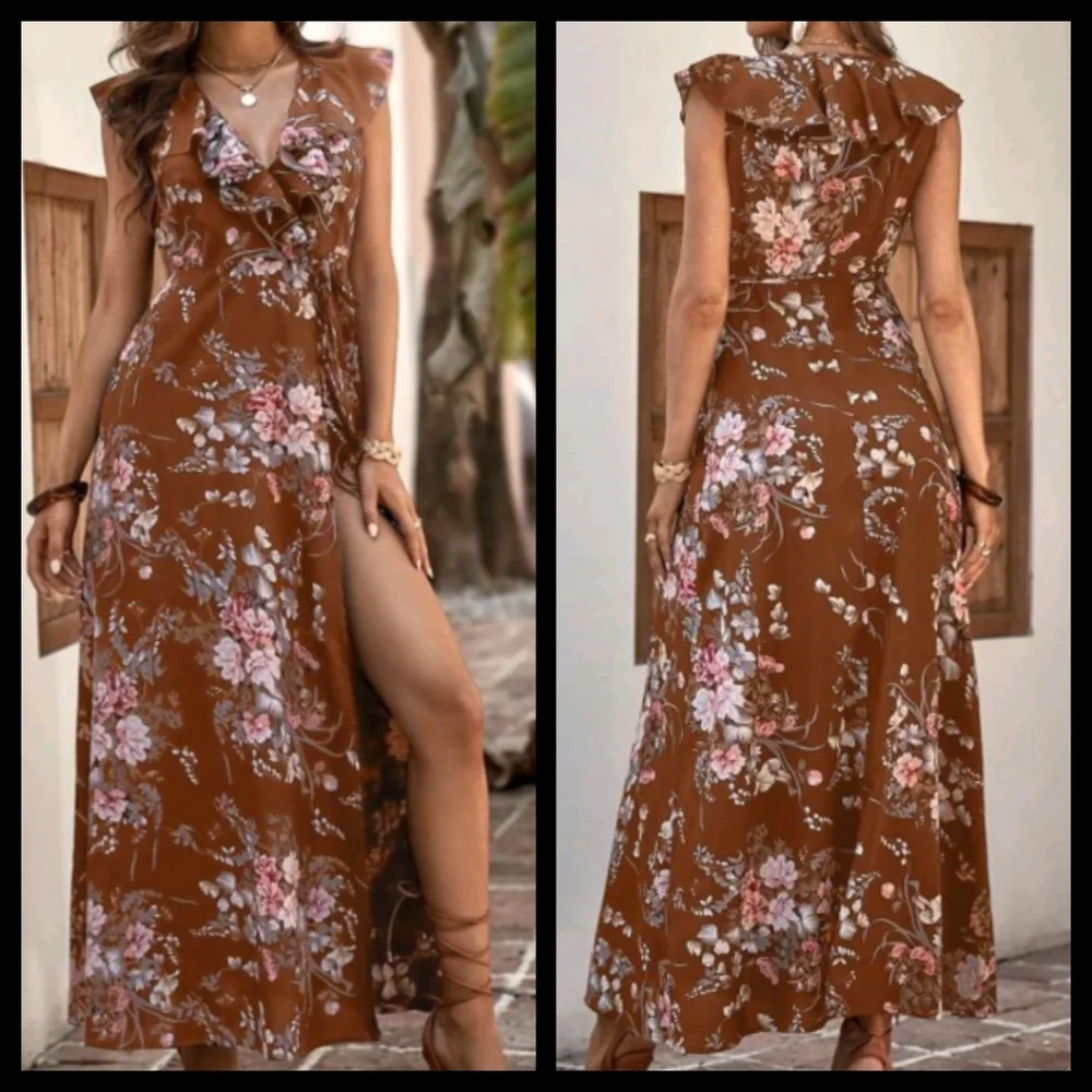 Brown Boho Floral Wrap Maxi Dress 4, 8, 12 NWOT - Picture 2 of 3